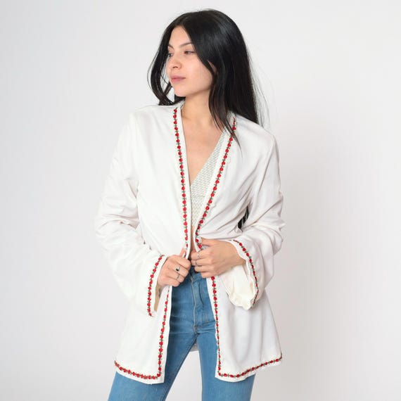 70s White Jacket Floral & Lace Trim Open Front Shirt Boho Hippie Jacket Bohemian Simple Mod Long Sleeve Vintage 1970s Small Medium Tall