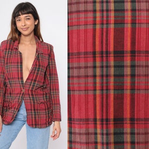 90s Plaid Jacket Red Tartan Blazer Jacket Checkered Jacket Button Up Deep V Neck 1990s Dark Academia Long Sleeve Vintage Cotton Small
