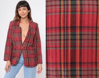 90s Plaid Jacket Red Tartan Blazer Jacket Checkered Jacket Button Up Deep V Neck 1990s Dark Academia Long Sleeve Vintage Cotton Small