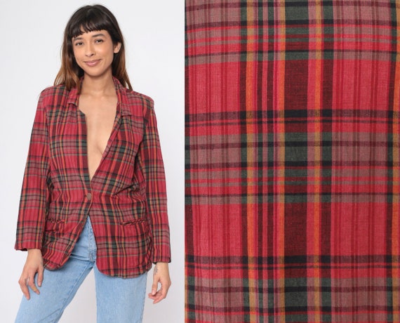 90s Plaid Jacket Red Tartan Blazer Jacket Checkered Jacket Button Up Deep V Neck 1990s Dark Academia Long Sleeve Vintage Cotton Small