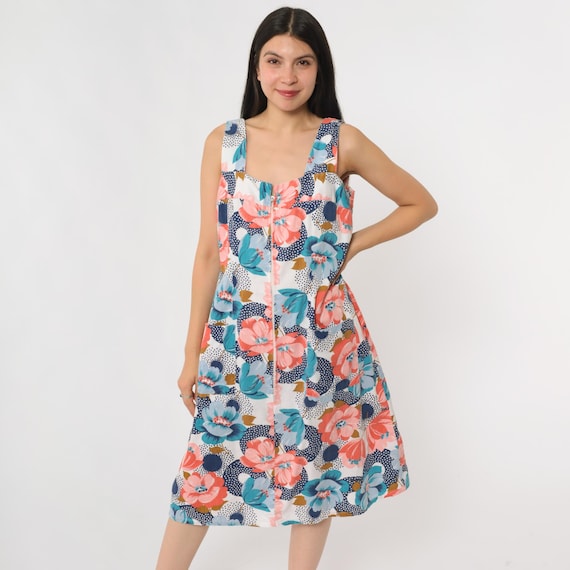 70s Floral Day Dress Sleeveless Scoop Neck Front Zip Pastel Pink Blue Orange Green Bold Flower Print Casual Summer Sundress Size Medium M