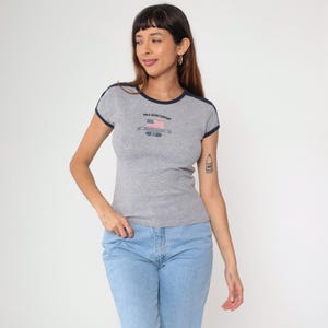 Y2K Polo Jeans Shirt Grey Ralph Lauren Baby Tee Short Sleeve T-Shirt USA Flag Minimal Ringer Tee Vintage 00s Tight Fit Women&#39;s Small Medium