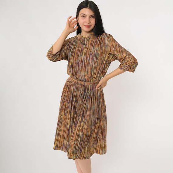 Abstract Stripe Dress 60s Rainbow Print V Neck Three Quarter Sleeve Midi Belted A Line Secretary Psychedelic Mod Office Vintage Medium M 8
