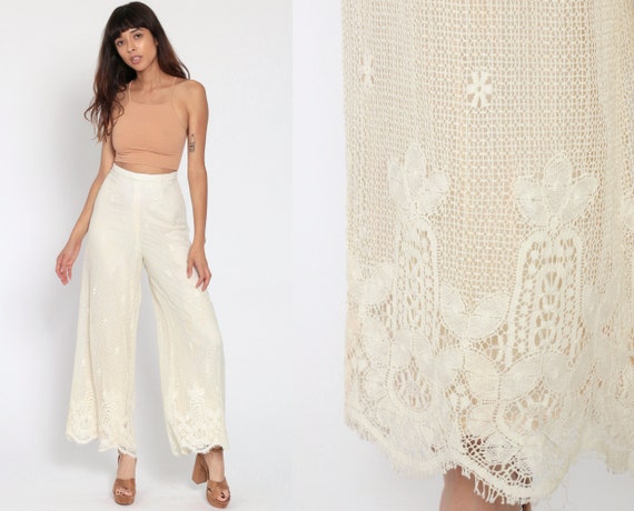 Lace Bell Bottom Pants 70s Cream 