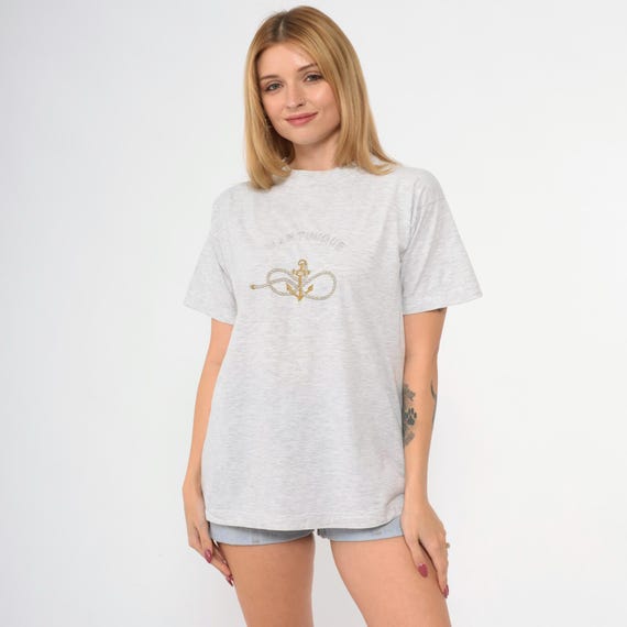 Vintage Martinique Shirt 90s Embroidered Nautical Anchor Tee French Caribbean Islands T Shirt Grey Graphic Tee Tourist Rope Knot Medium M