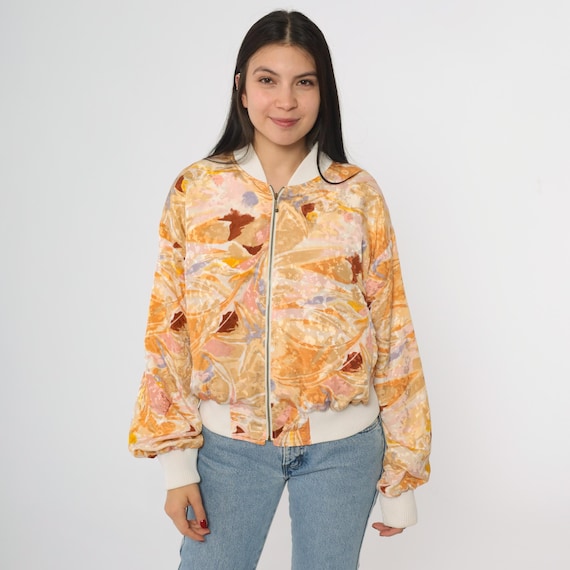 Watercolor Bomber Jacket 90s Hanasport Abstract Print Zip Up Peach Orange Pastel Cotton Blend Ribbed Cream Collar Vintage Medium M