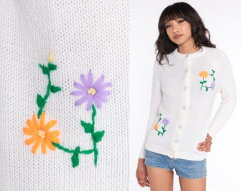 70s Embroidered Sweater White Floral Cardigan Acrylic Knit Bohemian Sweater 1970s Grandma Sweater Hippie Boho Sweater Vintage Small