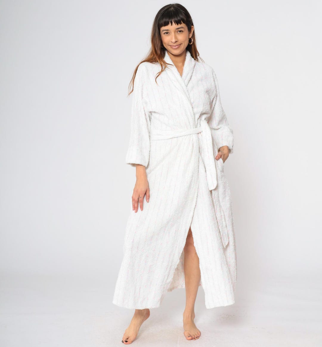 Vintage White Terry Cloth Robe 80s Pastel Striped Dressing Gown Midi ...