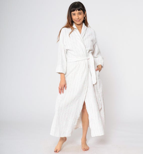 Vintage White Terry Cloth Robe 80s Pastel Striped Dressing Gown Midi Pajama Bath Robe 1980s Wrap Retro Pink Blue Long Sleeve Small Medium