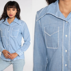 Chambray Button Up Shirt Jean 70s Blue Long Sleeve Hipster Oxford 1970s Cotton Button Down Lightweight Medium