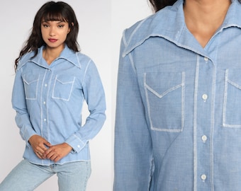 Koszula z guzikami Chambray Jeans z lat 70. w kolorze niebieskim z długim rękawem Hipster Oxford z lat 70. z bawełny z guzikami Lekka średnia