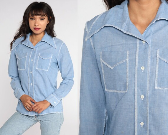 Chambray Button Up Shirt Jean 70s Blue Long Sleeve Hipster Oxford 1970s Cotton Button Down Lightweight Medium