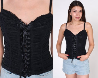 Black Bustier Corset Ruched Tank Top Y2K Going Out Shirt Lace Up Ribbon Gothic Top Party Goth Cosplay Vintage 00s Small Medium