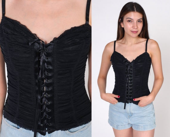 Black Bustier Corset Ruched Tank Top Y2K Going Out Shirt Lace up