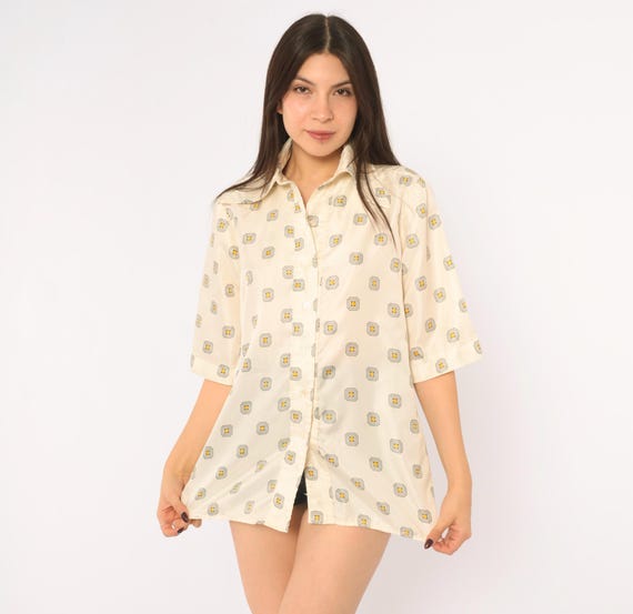 70s Geometric Print Shirt Cream Yellow Black Octagon Dot Short Sleeve Semi Sheer Blouse Disco Mod Boxy Loose Fit Summer Top Womens Medium M