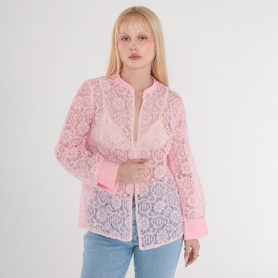 Pink Lace Blouse 70s Sheer Floral Shirt Long Sleeve Open Front Top Romantic Bohemian Long Sleeve Summer Festival Boho Vintage 1970s Medium M