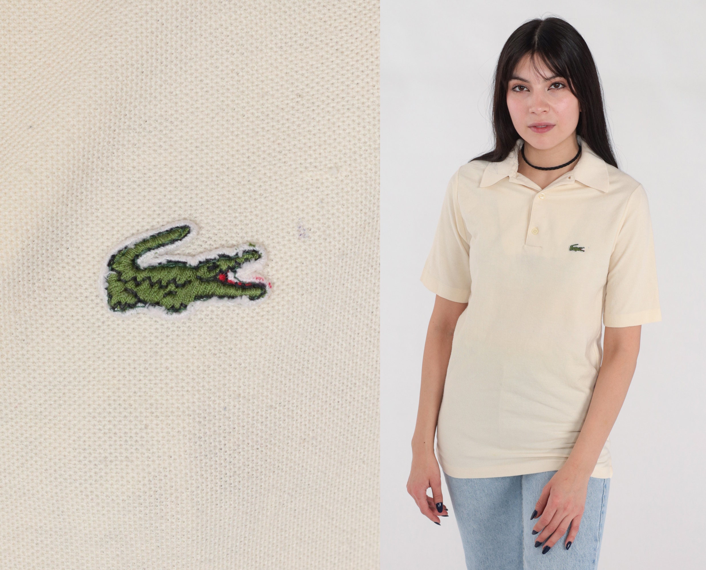 Polo Shirt 80s Cream Collared Shirt Crocodile T-Shirt Retro Preppy Collar Top Basic Simple Neutral Vintage 1980s Small S