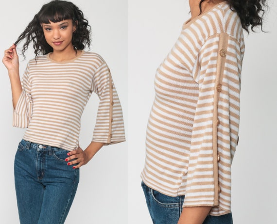 70s Sweater Tan STRIPED Knit Boho Pullover Hipster Bohemian Sweater Wide Sleeve 1970s Jumper Vintage White Acrylic Extra Small xs