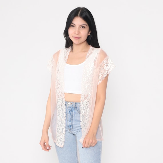 Sheer Pink Robe 80s Lingerie Top Open Front Jacket Short Sleeve Lace Lounge Romantic Sexy Boudoir Filmy Nylon Pastel Vintage 1980s Small S