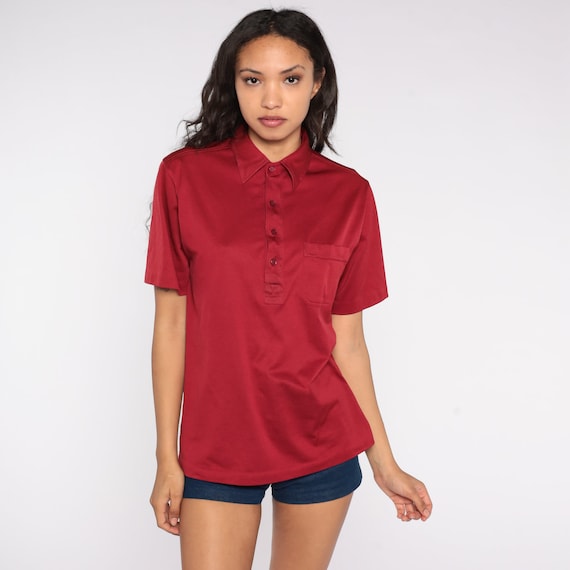 Burgundy Polo Shirt 70s Button Up Shirt Pocket Collared Short Sleeve Geek Retro Shirt Plain Top Preppy Vintage 1970s Small Medium