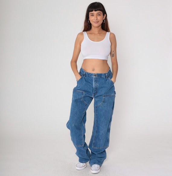 90s Carhartt Jeans Double Front Hammer Loop Utility Jeans Straight Leg Denim Pants Workwear Blue Vintage Work Wear Men's 34 x 36 Medium