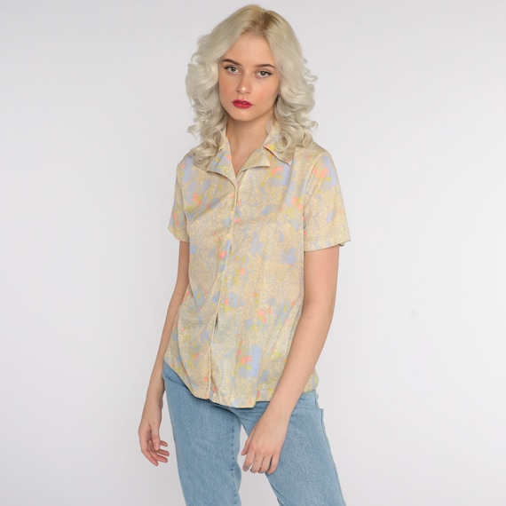 70s Shirt Abstract Floral Print Blouse Boho Top Hippie Psychedelic Print Yellow Purple 1970s Vintage Bohemian Button Up Short Sleeve Small S