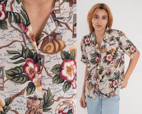 90s Button Up Shirt Nautical Floral Blouse Rayon Ship Tourist Travel Summer Top Short Sleeve Top Boho 1990s Vintage Medium Petite