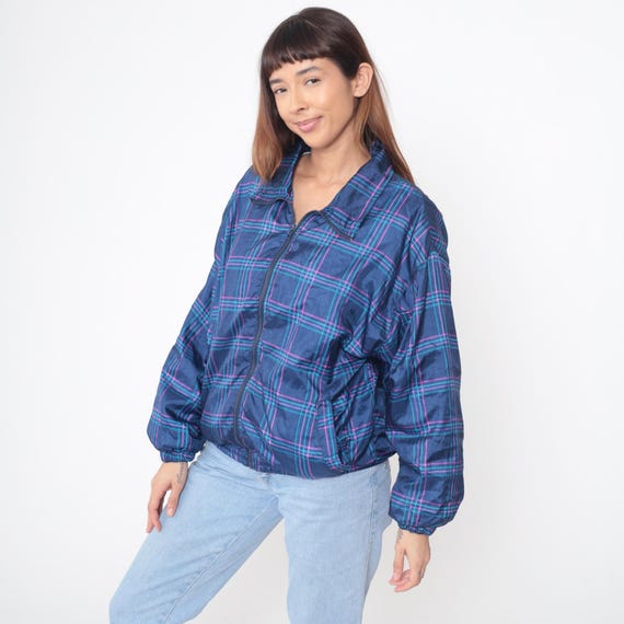 90s Windbreaker Plaid Track Jacket Blue Pink Purple Turquoise Full Zip Athletic Sporty Oversized Vintage Gorpcore Outdoor Medium M