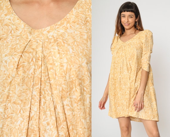 90s Hawaiian Mini Dress Hilo Hatties Yellow Tropical Floral Dress Puff Sleeve Boho Pleated Mini Vintage Retro Bohemian 1990s Extra Small xs
