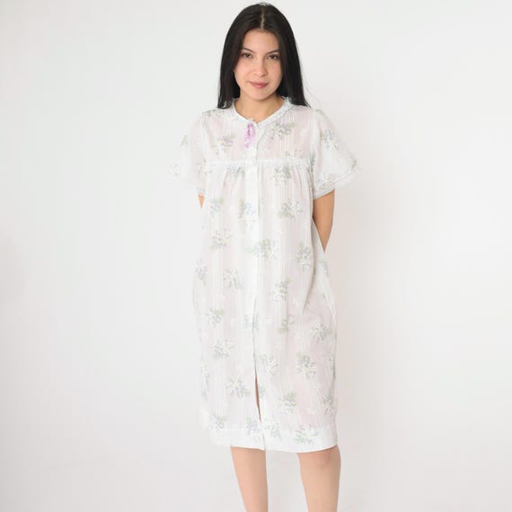 Vintage Floral Nightgown M 80s Semi-Sheer White Pajama Dress Lace Puff Sleeve Nightie Midi Button Up Pajamas Cottagecore Size Medium Women's