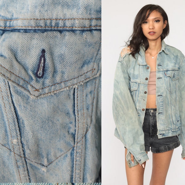 80s Levis Jean Jacket Distressed Denim Jacket Light Blue Faded RIPPED Levis Jacket 90s Blue Vintage Biker Medium Large