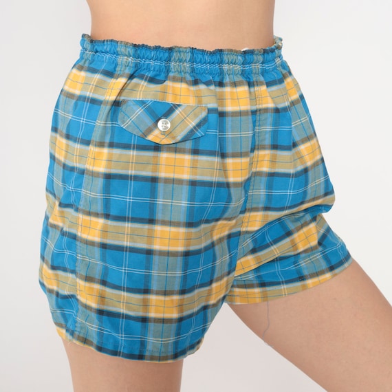 Blue Plaid Shorts 80s Shorts Yellow Checkered Beach Shorts Drawstring Elastic Waist Retro Jogging Shorts Preppy 1980s Vintage Medium