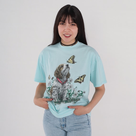 90s Dog T Shirt Butterfly Puppy Shirt Graphic Tee 90s Kawaii Cute Vintage Baby Animal Shirt Blue Retro T Shirt 1990s Medium