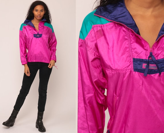 Columbia Windbreaker Jacket 90s Pullover Half Zip Coat Neon Hipster Fuchsia Hiking Jacket Vintage Shell Jacket Small