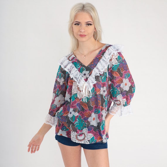 Lace Floral Blouse 80s Ruffle Shirt Boho Top Trop… - image 4
