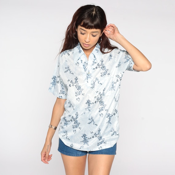 70s Polo Shirt Floral Shirt Blue Button Up Shirt Collar Boho Top Vintage 1970s Short Sleeve Collared Mod Shirt Leaf Men's Medium