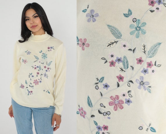 Cream Floral Sweater Y2K Knit Pullover Mock Neck … - image 1