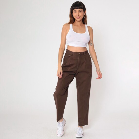 Vintage Brown Pleated Trousers 90s Lee Cotton Slacks High Waisted Pants Retro Tapered Leg Slacks Casual 1990s Medium Petite