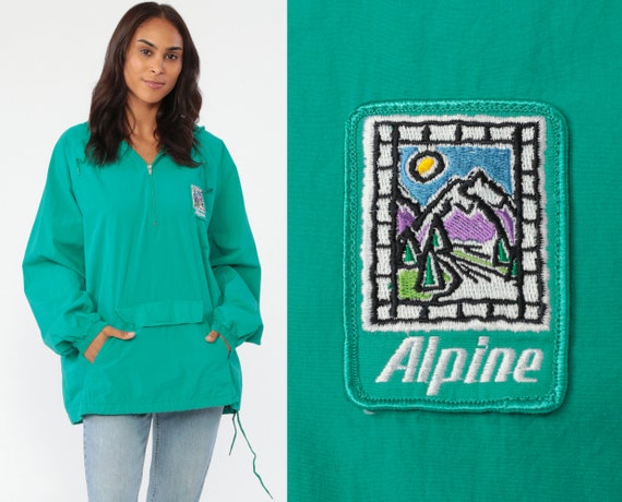 Hooded Windbreaker Jacket Alpine Mountain Jacket Green Hiking Pullover Jacket 90s Hoodie Outdoors Vintage 1990s Cotton Hood Large