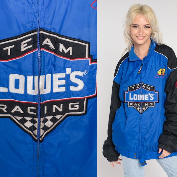 Y2K Lowes Racing Jacket NASCAR Jacket Jimmie Johnson Race Cars Windbreaker Color Block Blue Black 00s Vintage Motorsport Extra Large xl