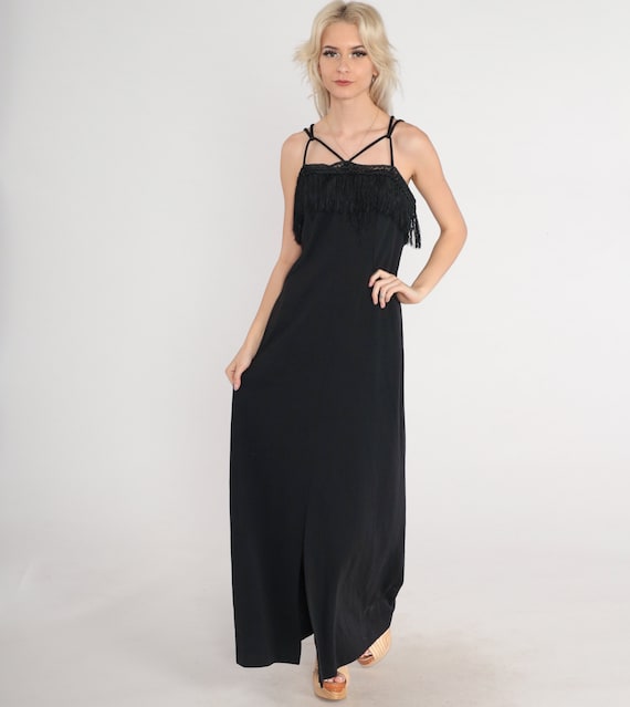 Black Fringe Dress 70s Long Party Dress Strappy Maxi Sleeveless Criss Cross Cocktail Formal Prom Front Slit Vintage 1970s Pazzazz Medium M