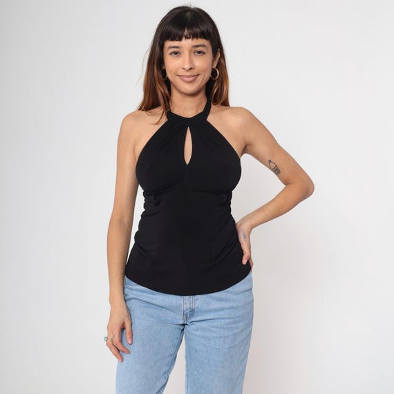 Y2K Black Halter Neck Top Peekaboo Keyhole Blouse Sleeveless Top Stretchy Going Out Empire Waist Open Back 00s Night Out Small Medium