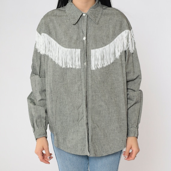 Western Fringe Shirt 90s Grey Rodeo Blouse Button up Top Cowgirl Long Sleeve Vintage 1990s Cotton Large L