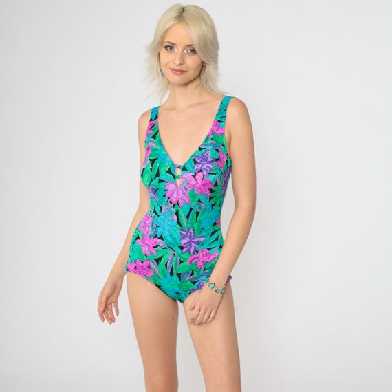 90s Floral Bathing Suit Tropical One Piece High Cut Swimsuit Keyhole Neckline Retro Low Open Back Bright Blue Purple Vintage 1990s Medium 10