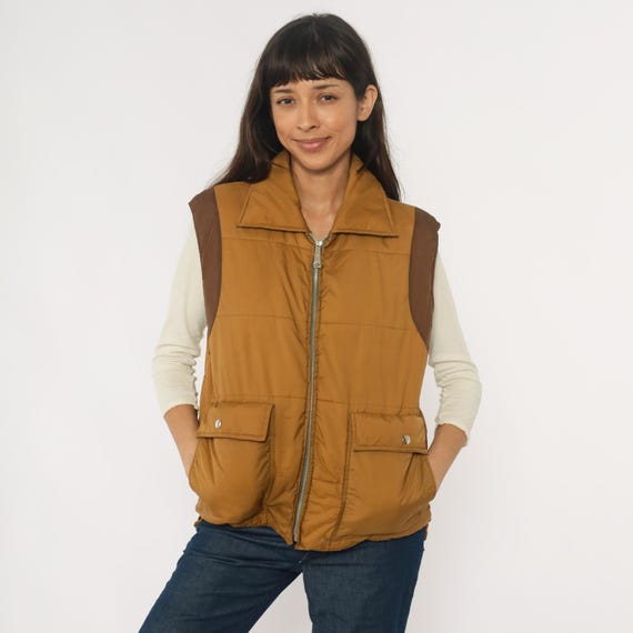 80s Ski Vest Brown Quilted Vest Puffer Zip Front Sleeveless Outdoor Tan Camel Cognac Hiking Camping Gorpcore Medium M