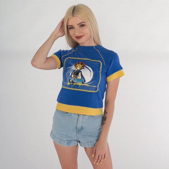 Vintage Yu-Gi-Oh Shirt 90s Yugiyoh Crop Top Trading Card Game Anime TV Show Graphic Tee Cropped T-Shirt Blue Yellow Raglan 1990s 2XS XXS