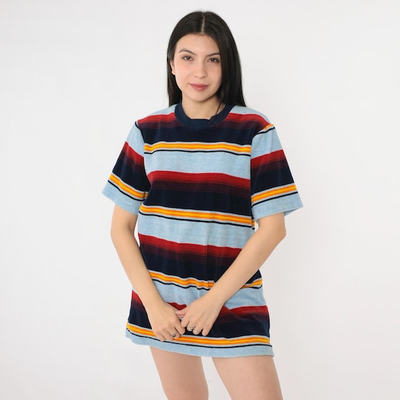 Vintage 80s Striped Velour Shirt Multicolor Ringer Tee Short Sleeve Shirt 1980s Baby Blue Black Red Shirt Retro Top Crewneck Medium M