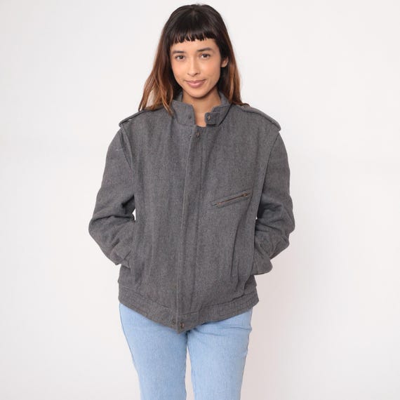 80s Gray Quilted Bomber Jacket Wool Aviation Style Zip Front Stand Collar Cropped Vintage Aviator Flight Coat Puffer Winter Pilot Medium M