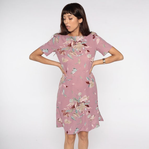 Purple Floral Dress 80s Puff Sleeve Flower Print Mini Dress Short Sleeve Shift Lilac MiniDress 1990s Vintage Retro Polyester Small Medium