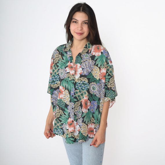 90s Tropical Floral Blouse Botanical Medallion Button Up Shirt Summer Top Short Sleeve Top 1990s Vintage Blue Plus Size 18W 18 W